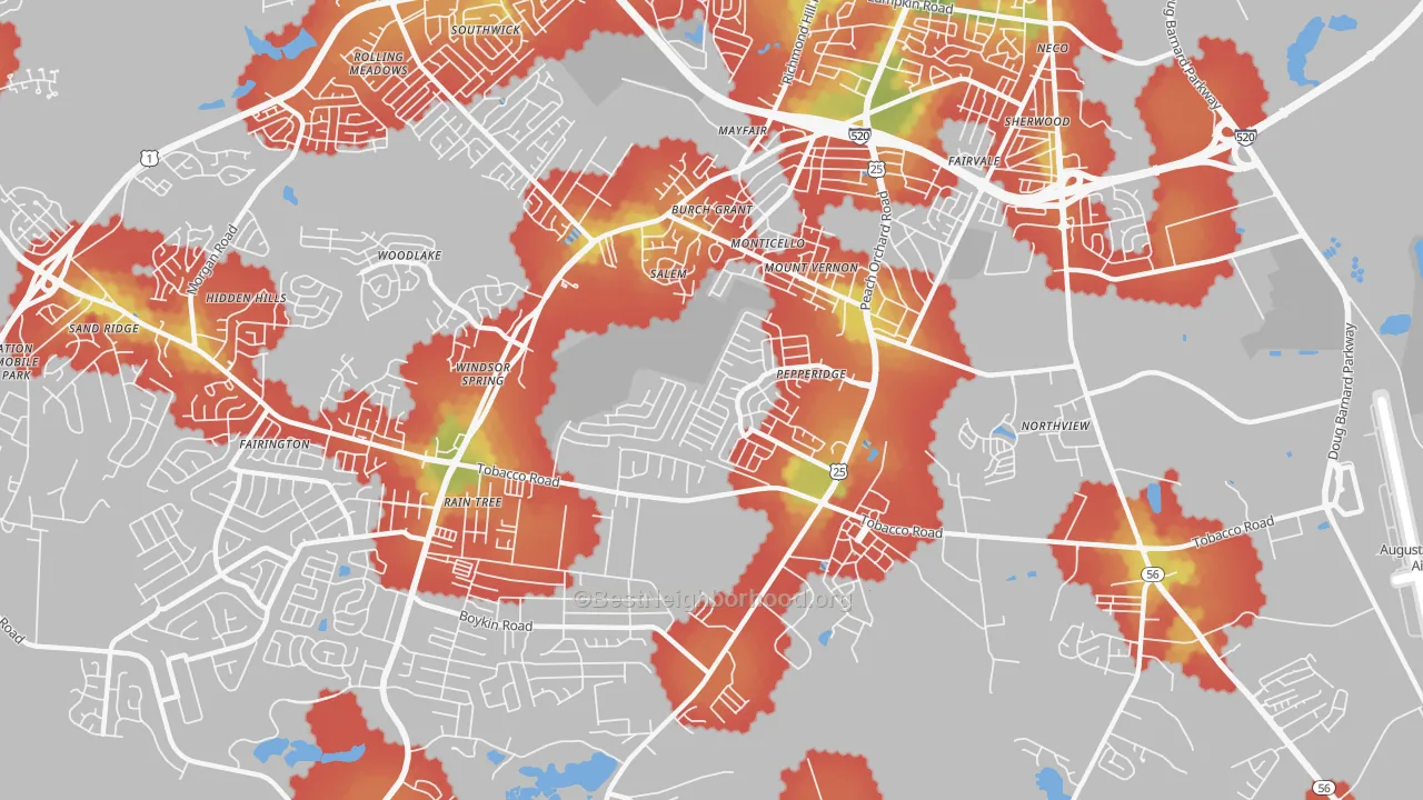 Walk Grade map of Pepperidge, Augusta, GA, walkable areas in green and car-dependent areas in red