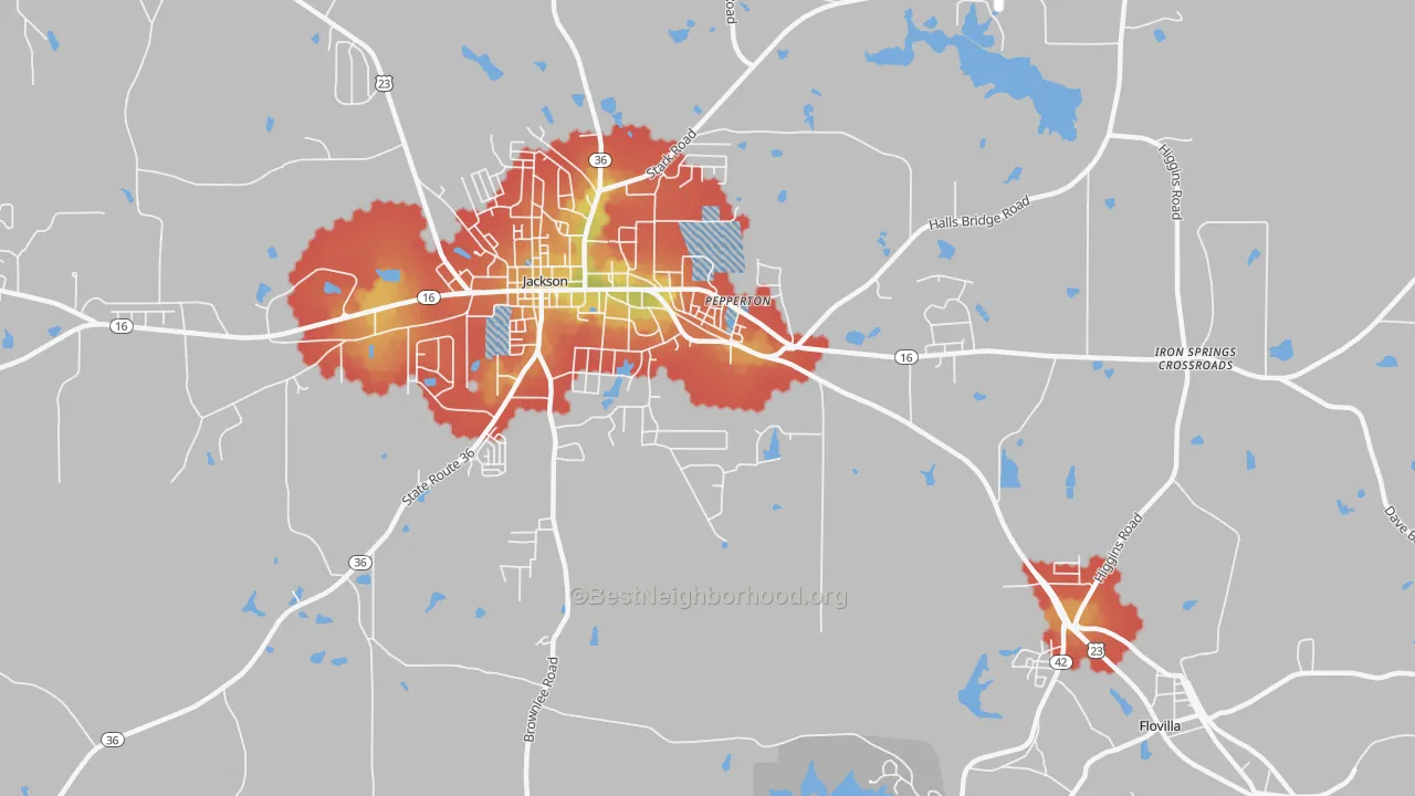 Walk Grade map of Pepperton, GA, walkable areas in green and car-dependent areas in red