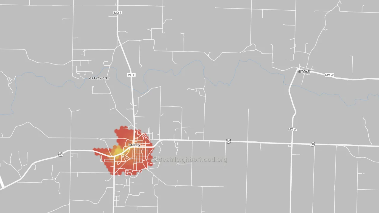 Walk Grade map of Pepsin, MO, walkable areas in green and car-dependent areas in red