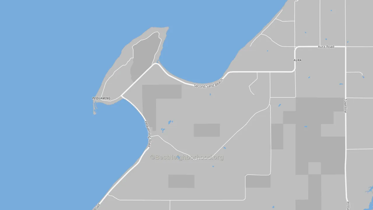 Walk Grade map of Pequaming, MI, walkable areas in green and car-dependent areas in red