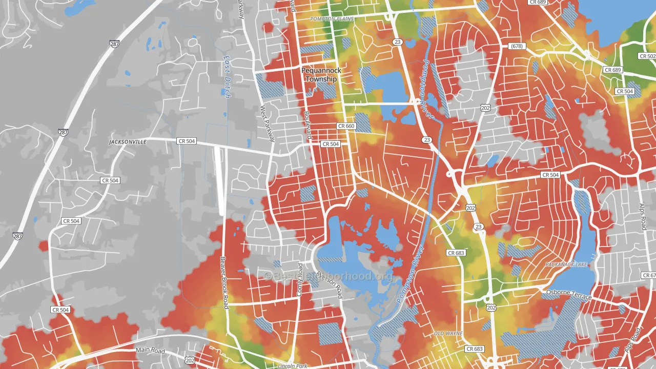 Walk Grade map of Pequannock, NJ, walkable areas in green and car-dependent areas in red