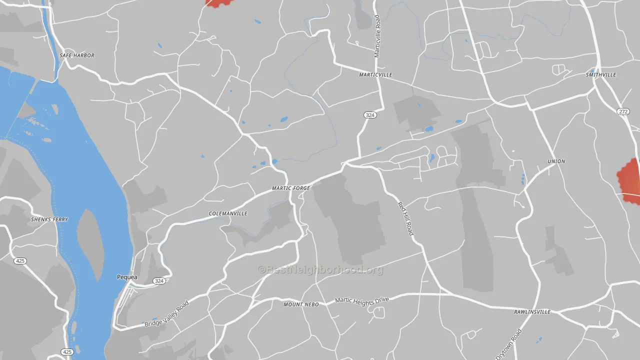 Walk Grade map of Pequea, PA, walkable areas in green and car-dependent areas in red