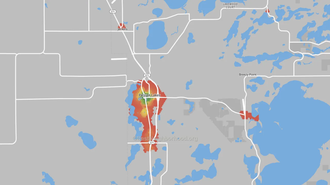 Walk Grade map of Pequot Lakes, MN, walkable areas in green and car-dependent areas in red