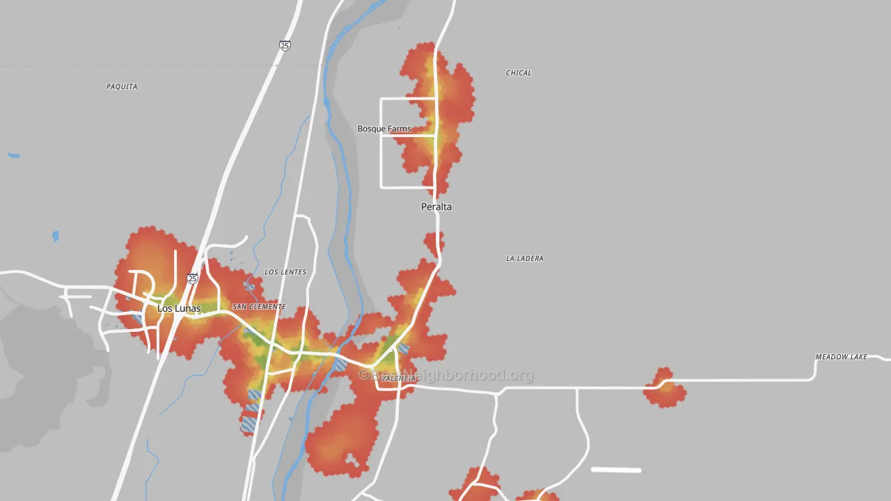 Walk Grade map of Peralta, NM, walkable areas in green and car-dependent areas in red