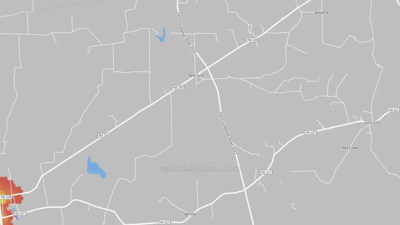 Walk Grade map of Percilla, TX, walkable areas in green and car-dependent areas in red