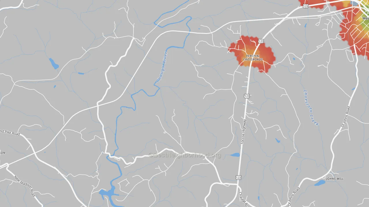 Walk Grade map of Percival Crossroads, SC, walkable areas in green and car-dependent areas in red
