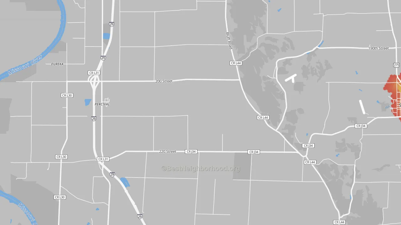 Walk Grade map of Percival, IA, walkable areas in green and car-dependent areas in red