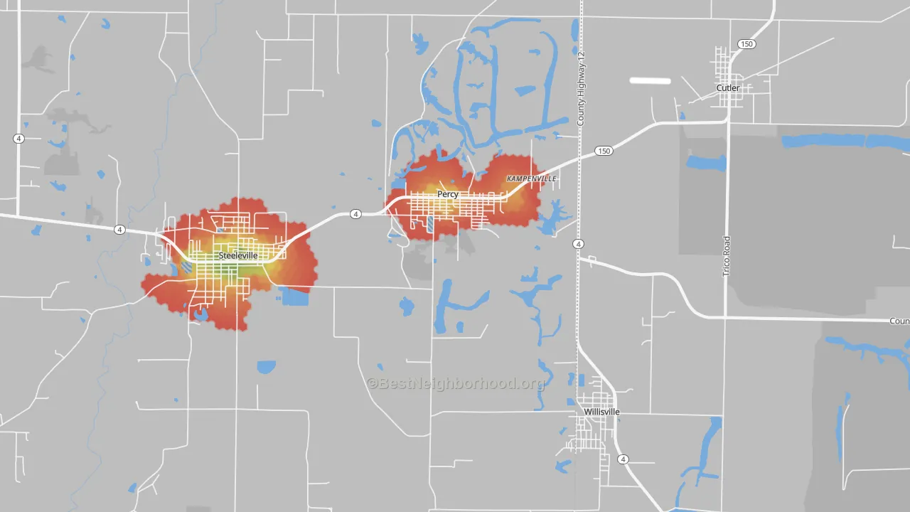 Walk Grade map of Percy, IL, walkable areas in green and car-dependent areas in red