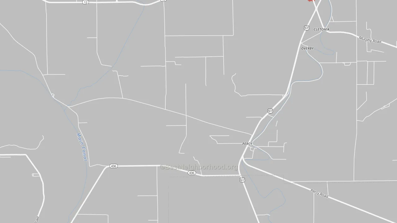 Walk Grade map of Percy, MS, walkable areas in green and car-dependent areas in red