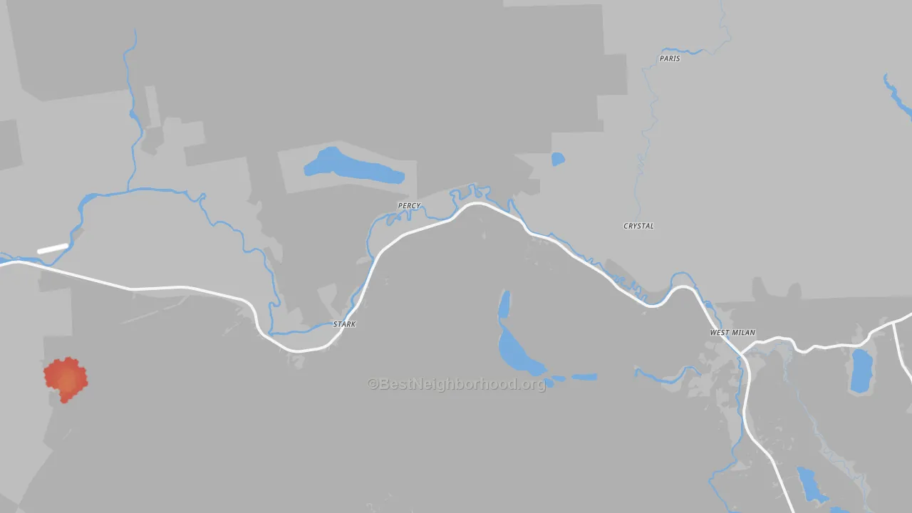 Walk Grade map of Percy, NH, walkable areas in green and car-dependent areas in red