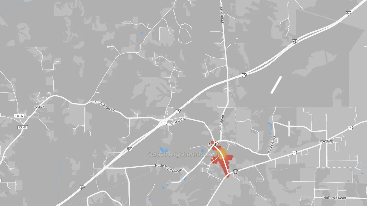Walk Grade map of Perdido, AL, walkable areas in green and car-dependent areas in red