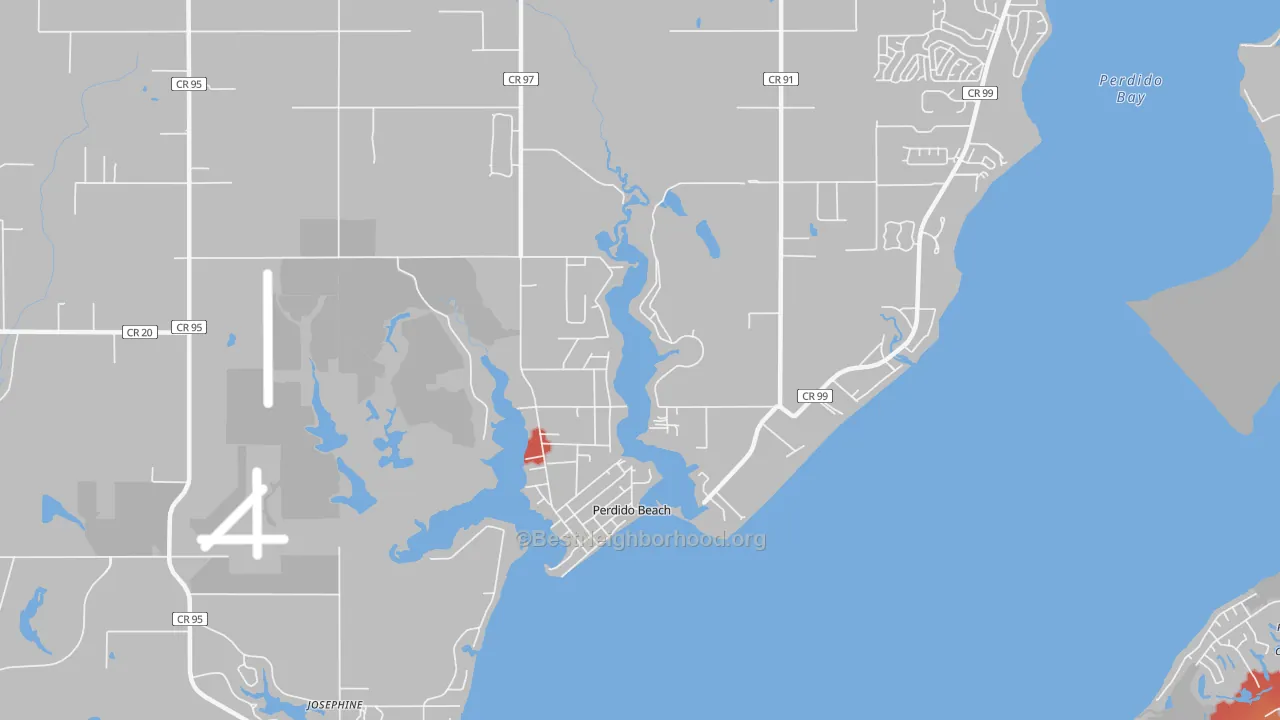 Walk Grade map of Perdido Beach, AL, walkable areas in green and car-dependent areas in red