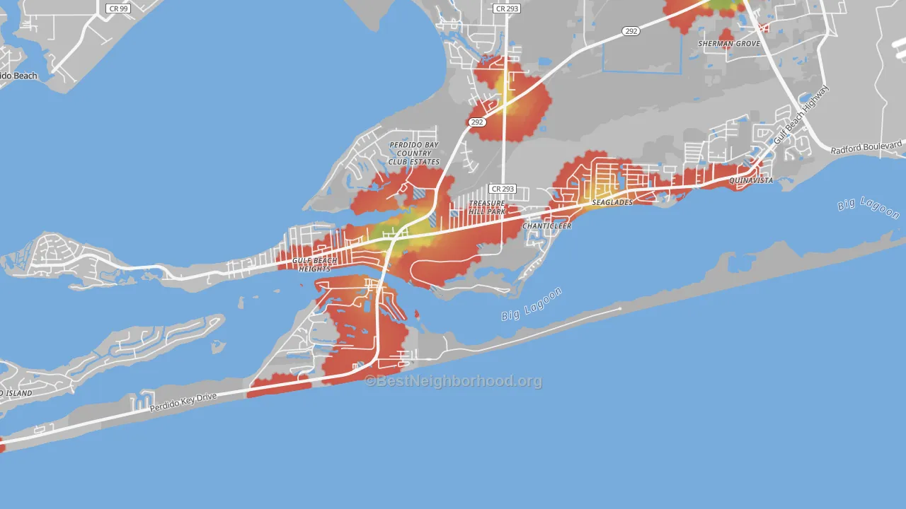 Walk Grade map of Perdido Key, FL, walkable areas in green and car-dependent areas in red