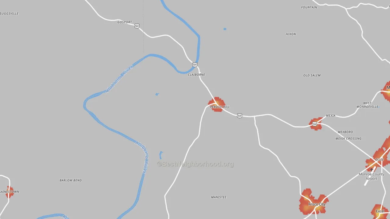 Walk Grade map of Perdue Hill, AL, walkable areas in green and car-dependent areas in red