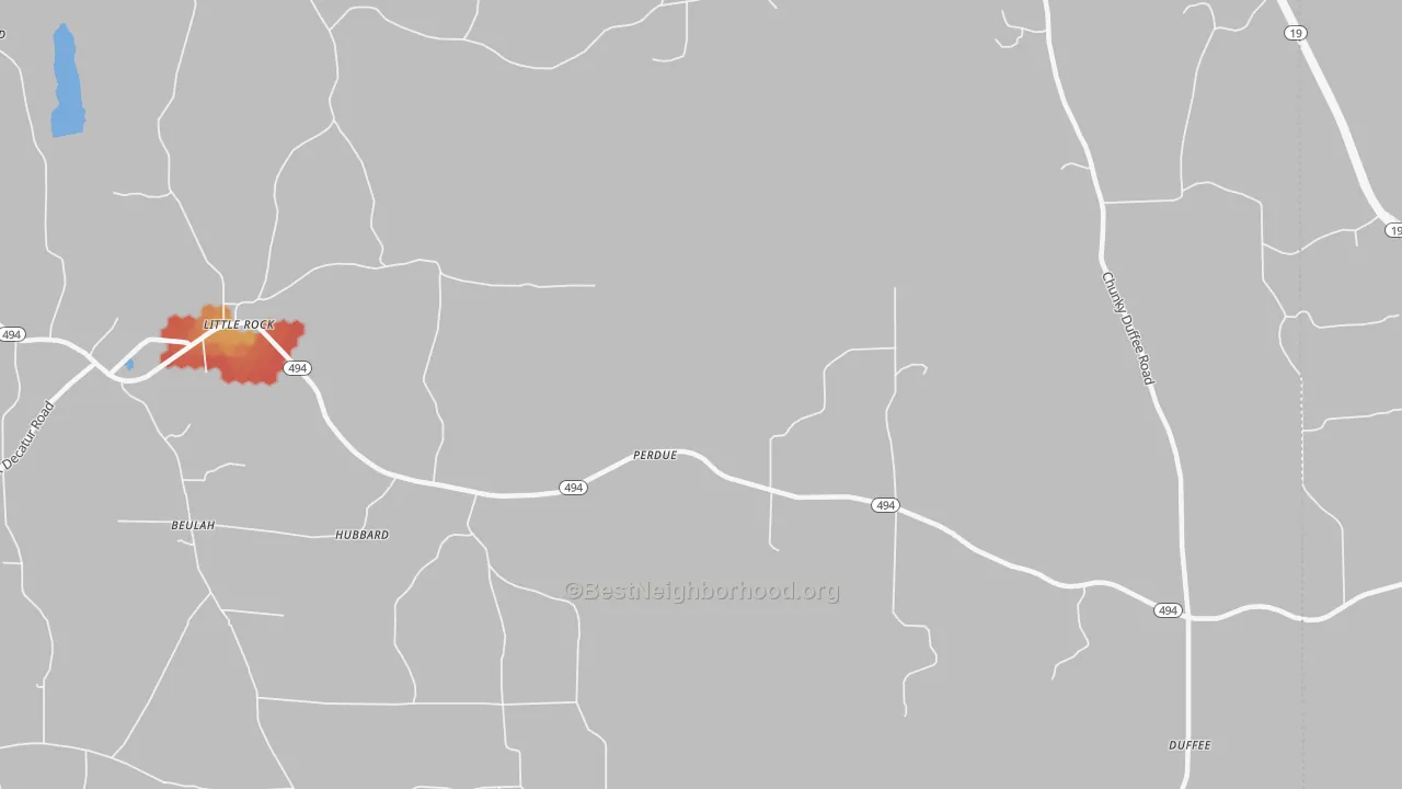 Walk Grade map of Perdue, MS, walkable areas in green and car-dependent areas in red