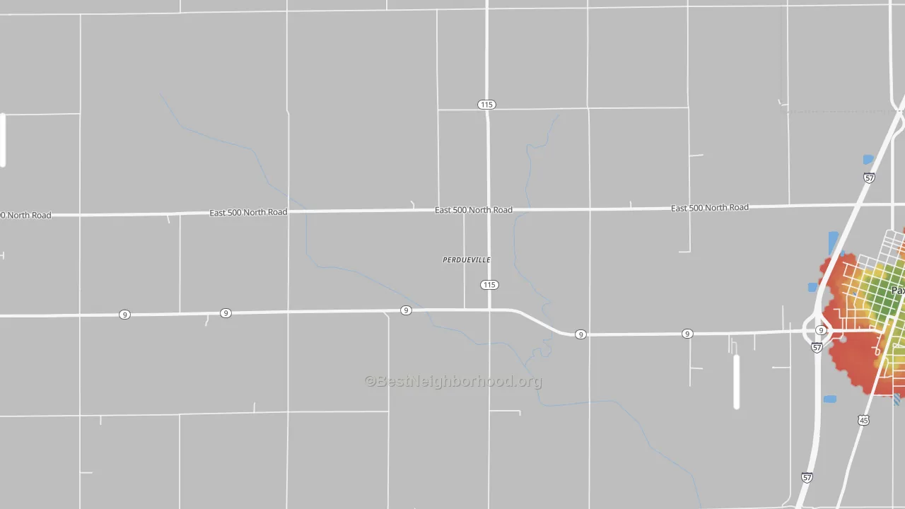 Walk Grade map of Perdueville, IL, walkable areas in green and car-dependent areas in red