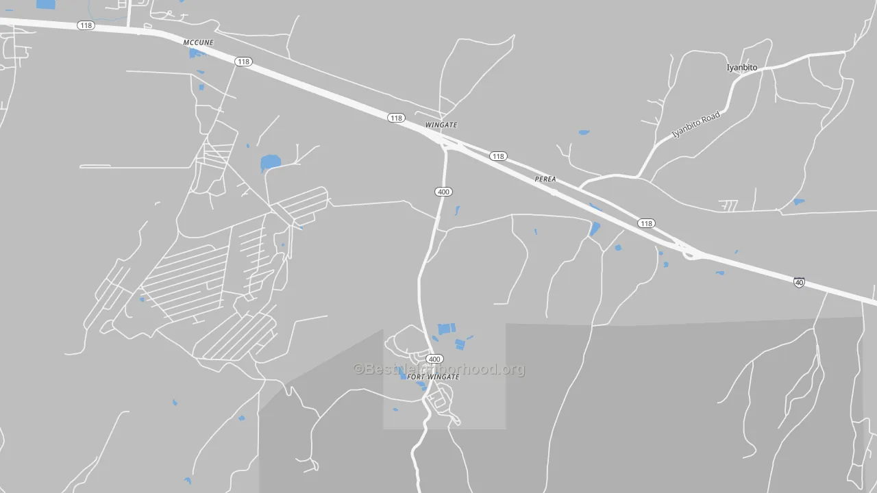 Walk Grade map of Perea, NM, walkable areas in green and car-dependent areas in red