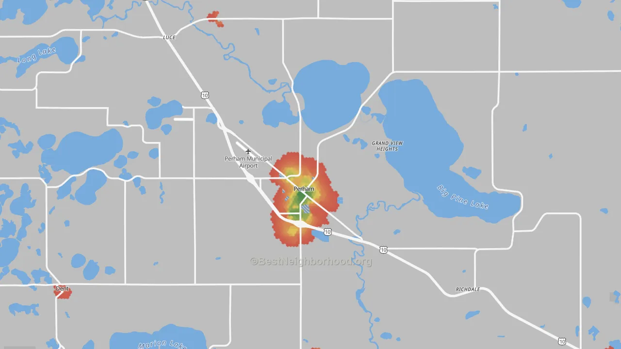 Walk Grade map of Perham, MN, walkable areas in green and car-dependent areas in red