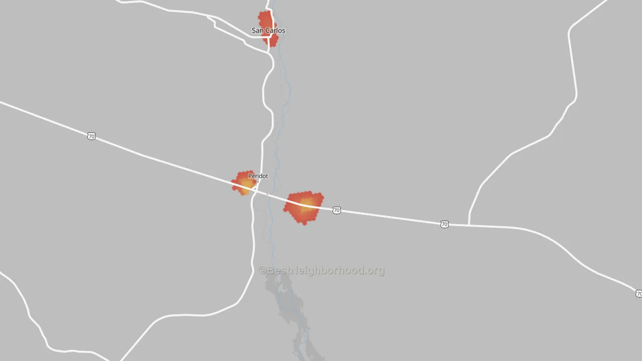 Walk Grade map of Peridot, AZ, walkable areas in green and car-dependent areas in red
