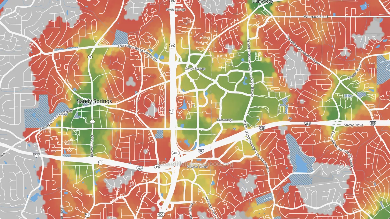 Walk Grade map of Perimeter Center, Sandy Springs, GA, walkable areas in green and car-dependent areas in red
