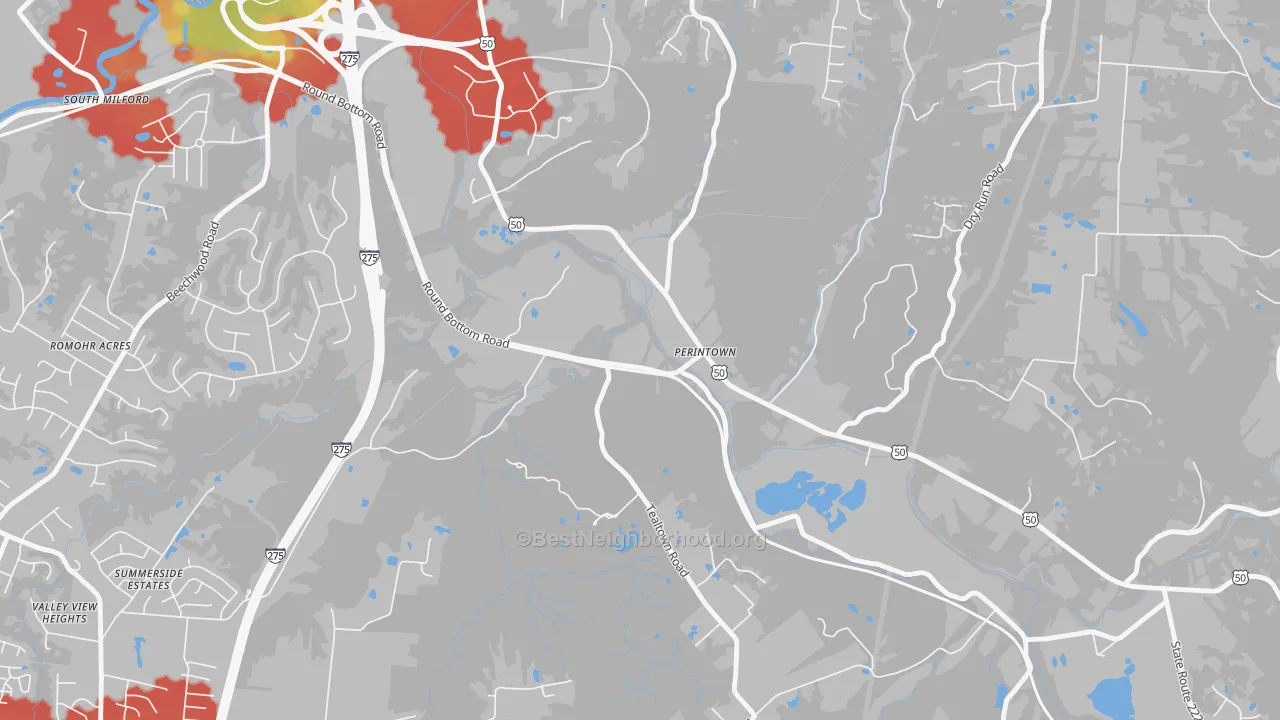 Walk Grade map of Perintown, OH, walkable areas in green and car-dependent areas in red