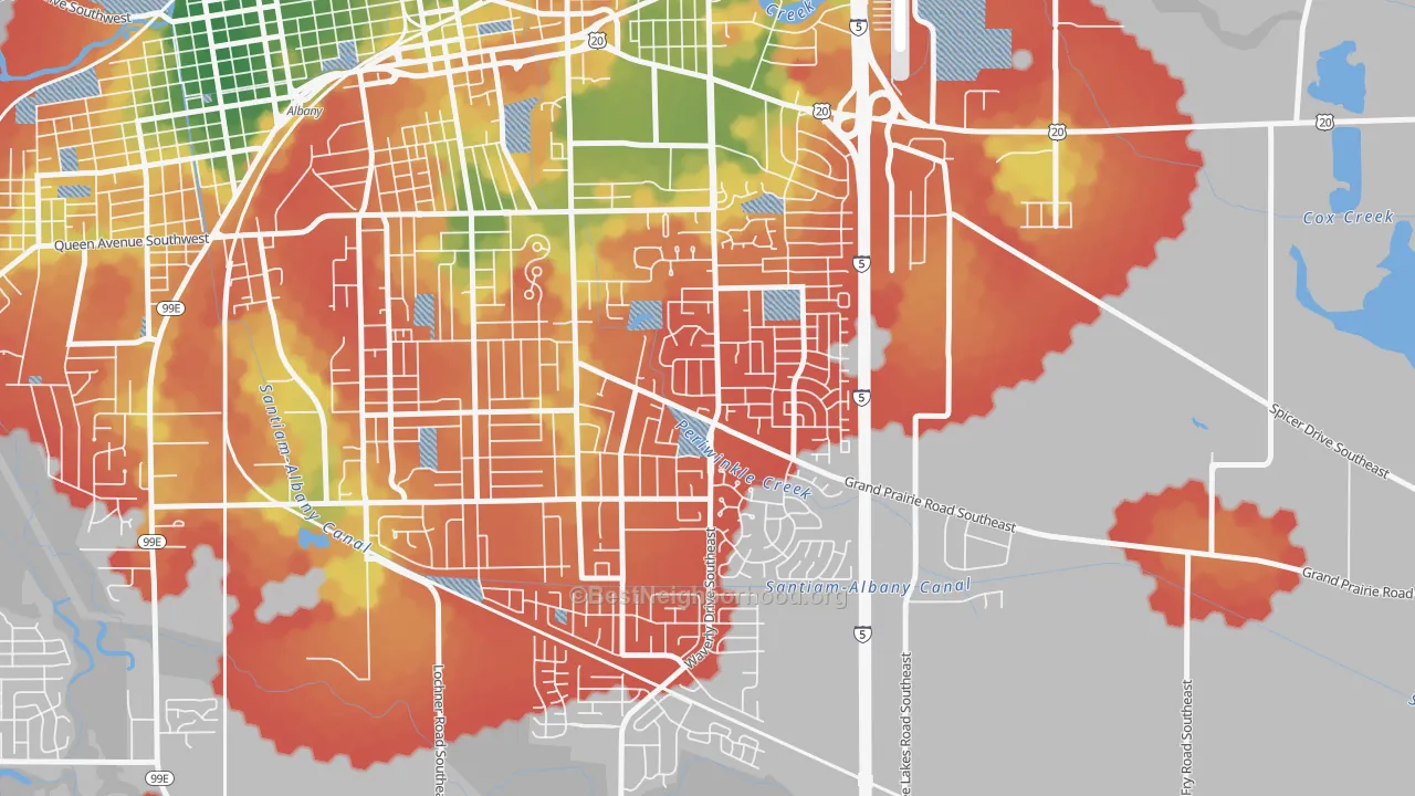 Walk Grade map of Periwinkle, Albany, OR, walkable areas in green and car-dependent areas in red