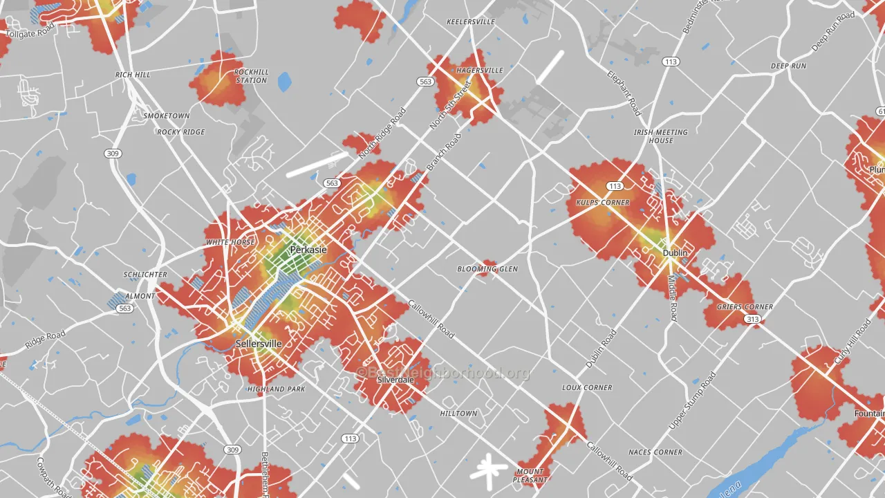 Walk Grade map of Perkasie, PA, walkable areas in green and car-dependent areas in red