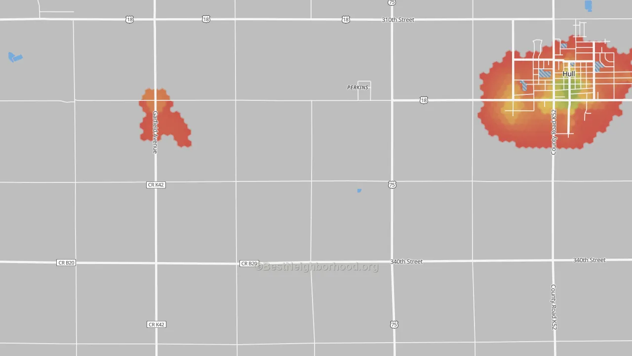 Walk Grade map of Perkins, IA, walkable areas in green and car-dependent areas in red