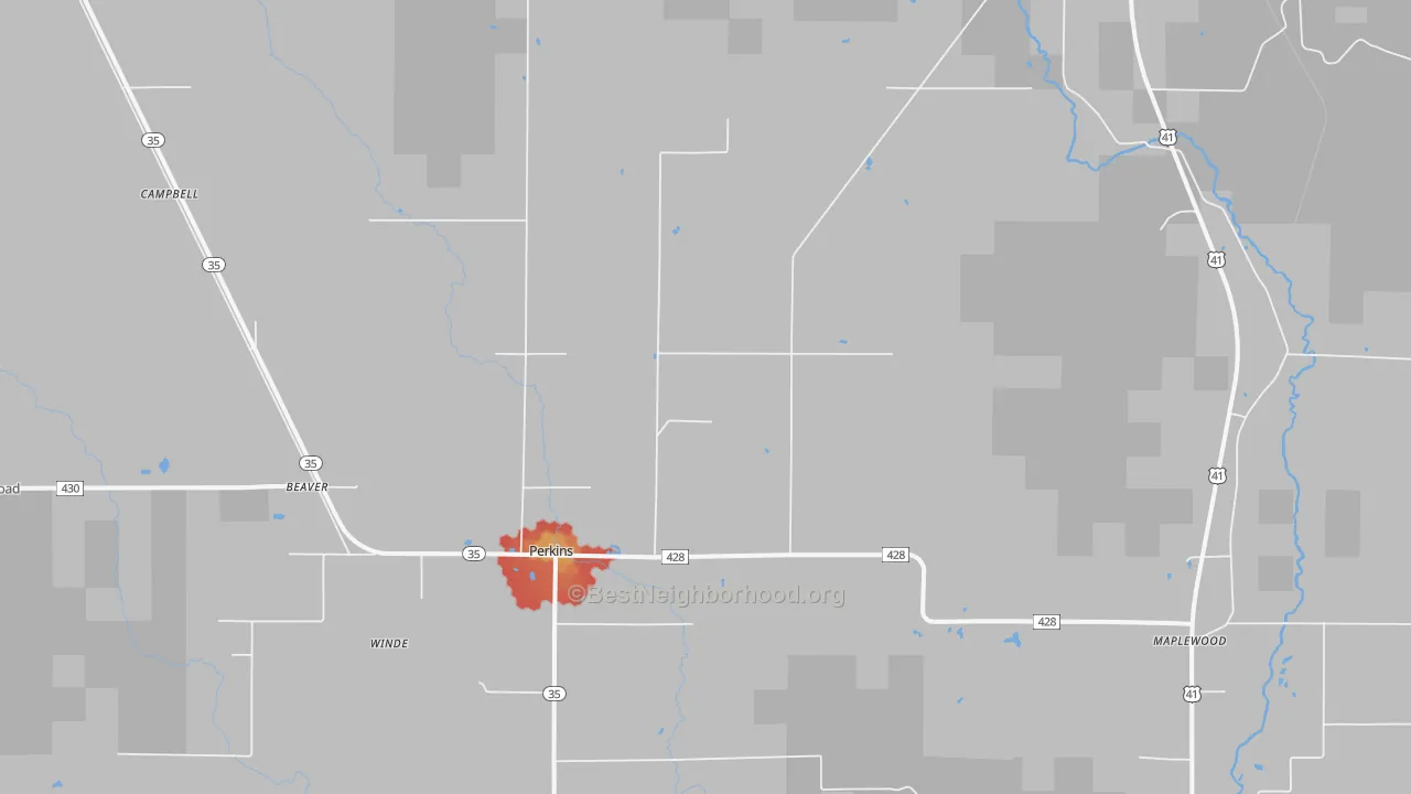 Walk Grade map of Perkins, MI, walkable areas in green and car-dependent areas in red
