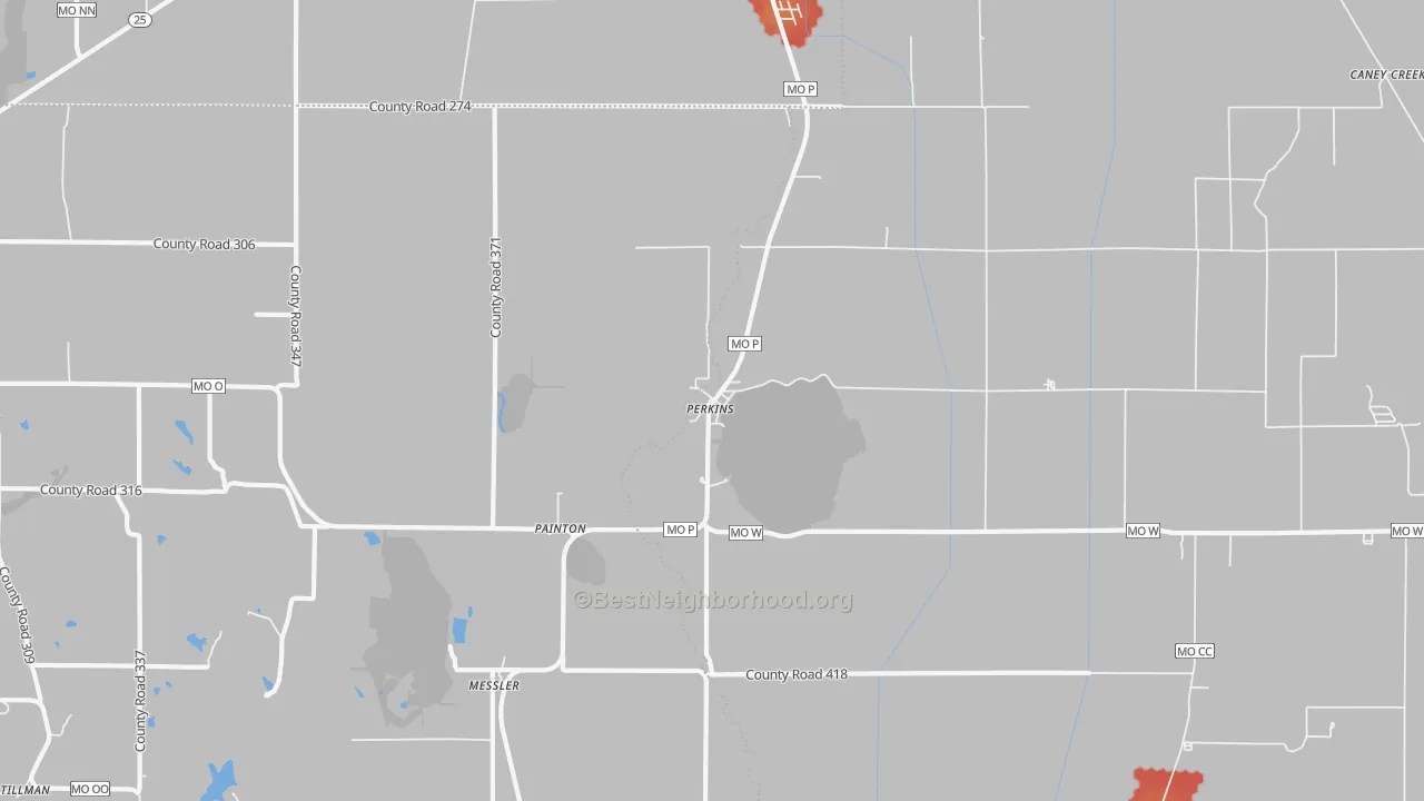 Walk Grade map of Perkins, MO, walkable areas in green and car-dependent areas in red