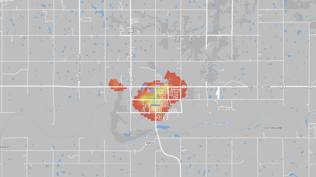Walk Grade map of Perkins, OK, walkable areas in green and car-dependent areas in red