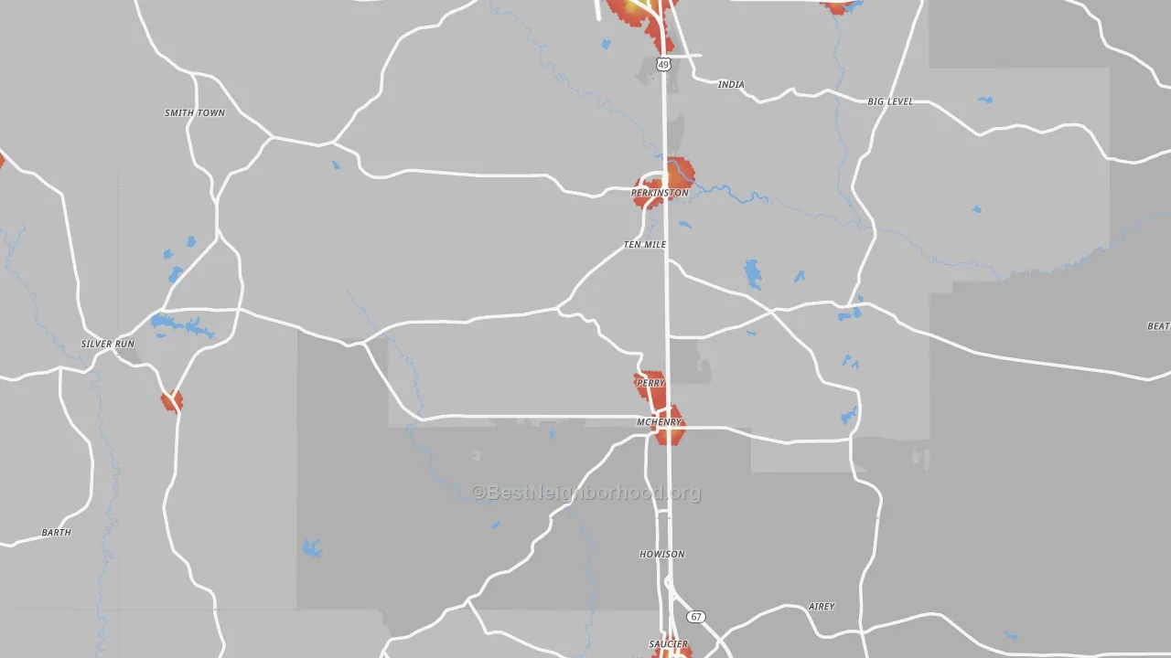 Walk Grade map of Perkinston, MS, walkable areas in green and car-dependent areas in red