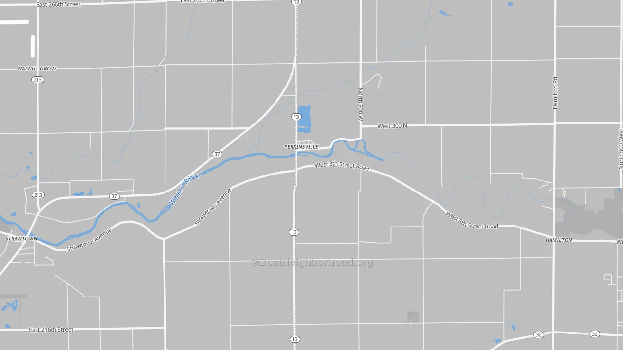 Walk Grade map of Perkinsville, IN, walkable areas in green and car-dependent areas in red