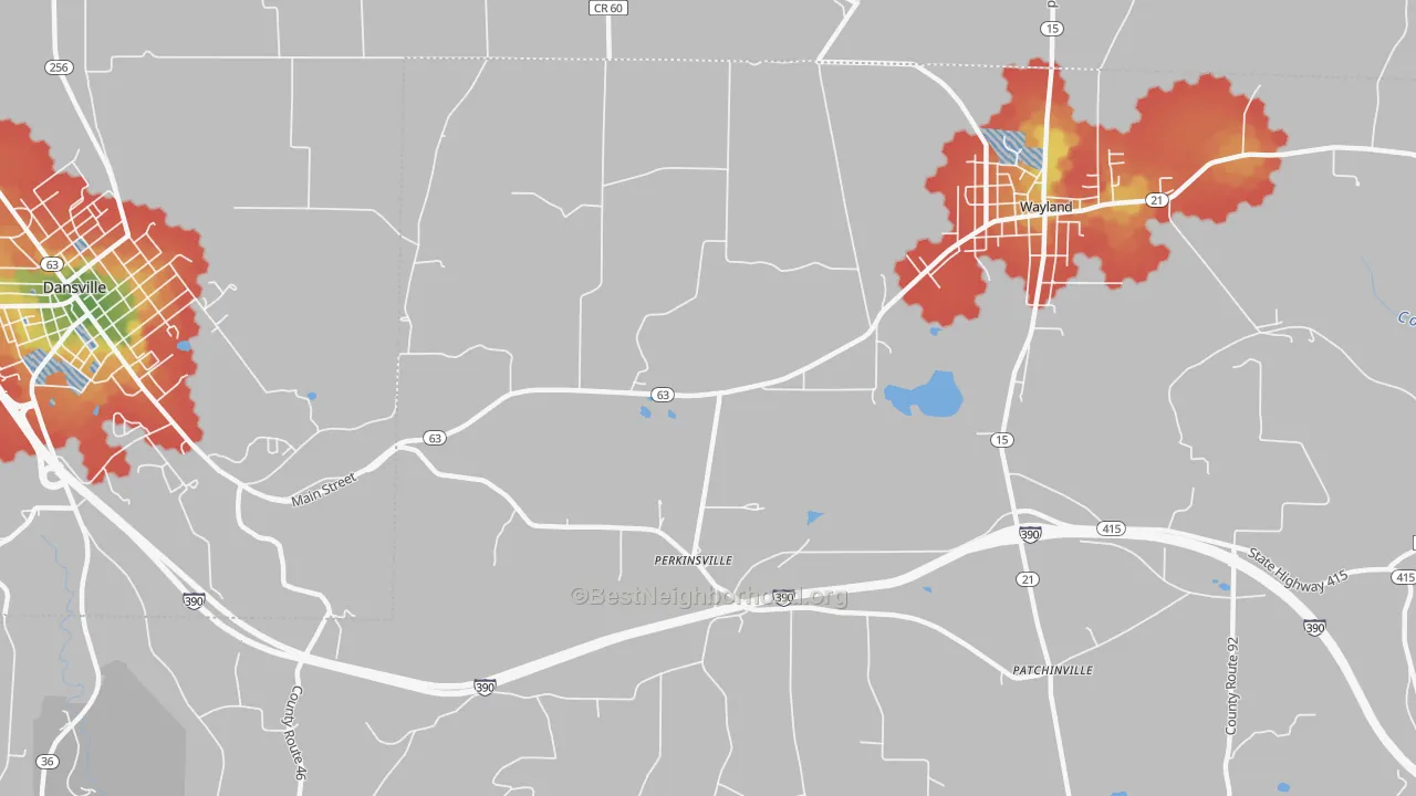 Walk Grade map of Perkinsville, NY, walkable areas in green and car-dependent areas in red