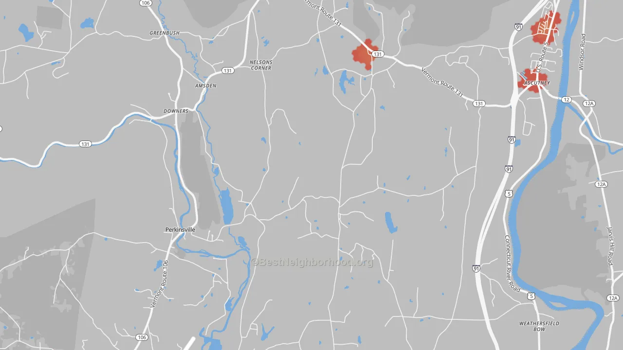 Walk Grade map of Perkinsville, VT, walkable areas in green and car-dependent areas in red