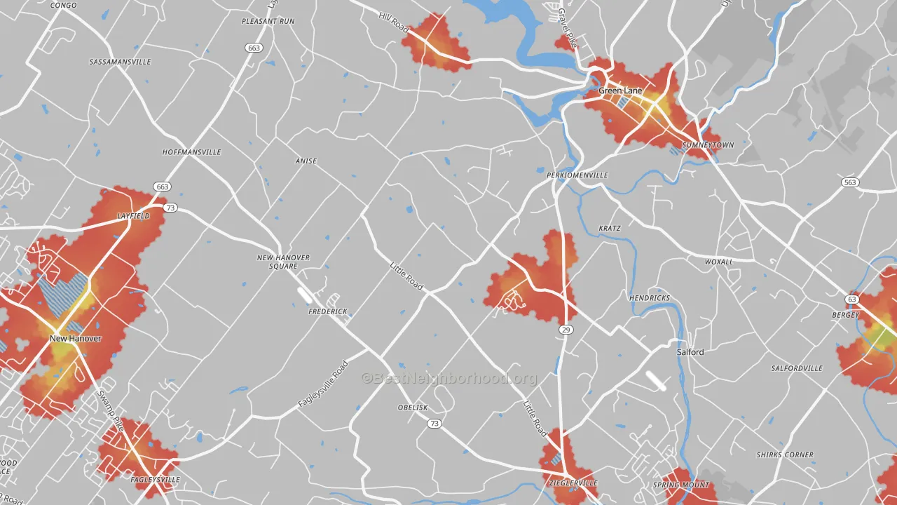 Walk Grade map of Perkiomenville, PA, walkable areas in green and car-dependent areas in red