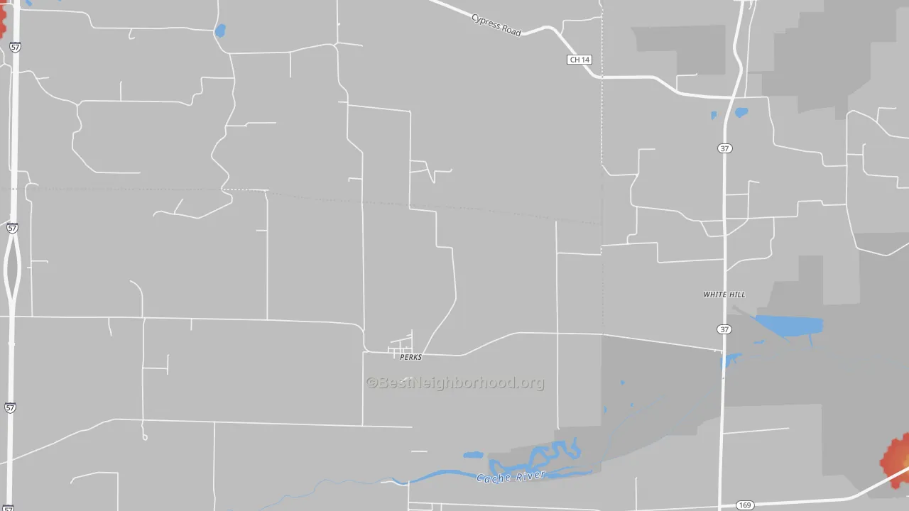 Walk Grade map of Perks, IL, walkable areas in green and car-dependent areas in red