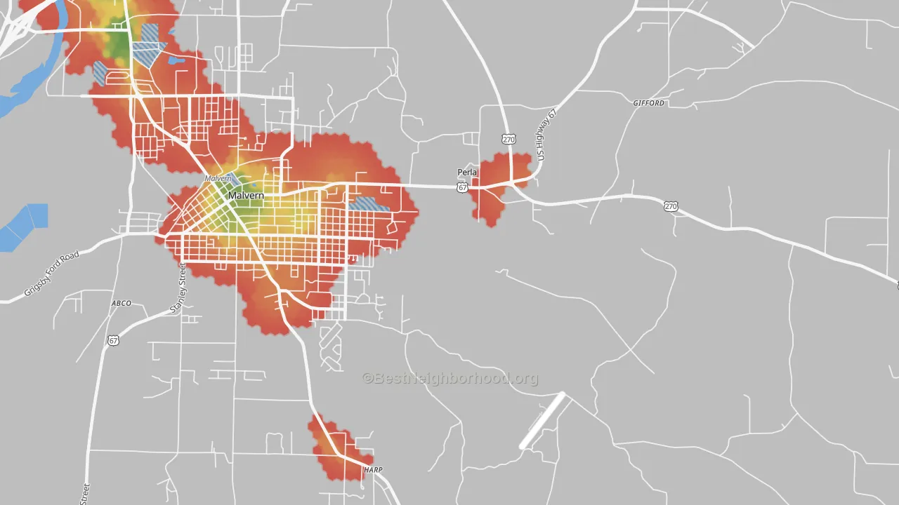 Walk Grade map of Perla, AR, walkable areas in green and car-dependent areas in red