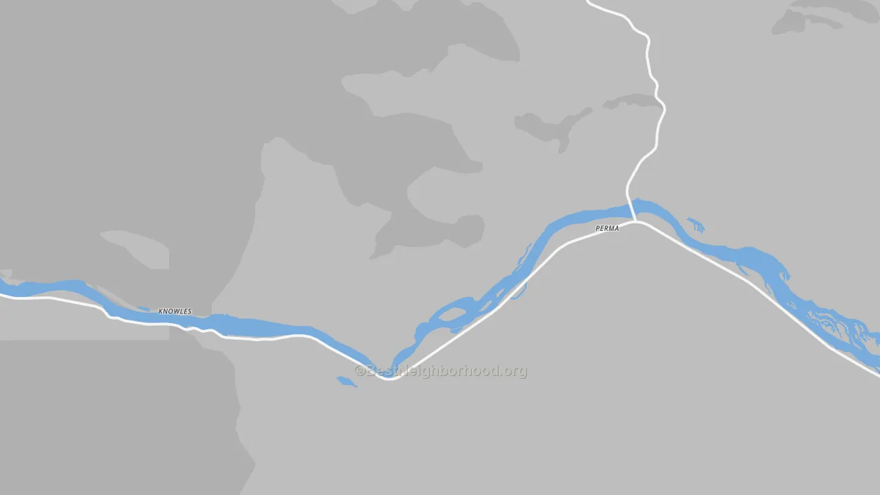 Walk Grade map of Perma, MT, walkable areas in green and car-dependent areas in red