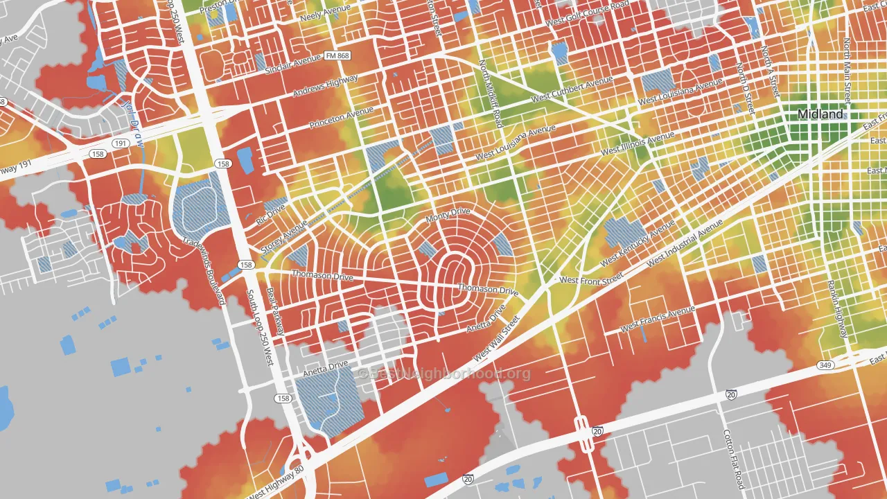 Walk Grade map of Permian Estates, Midland, TX, walkable areas in green and car-dependent areas in red