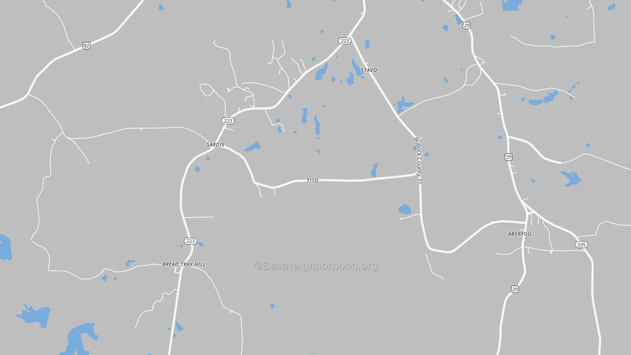 Walk Grade map of Perote, AL, walkable areas in green and car-dependent areas in red
