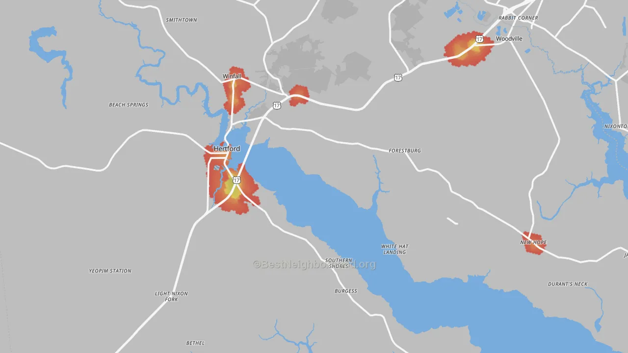 Walk Grade map of Perquimans County, NC, walkable areas in green and car-dependent areas in red