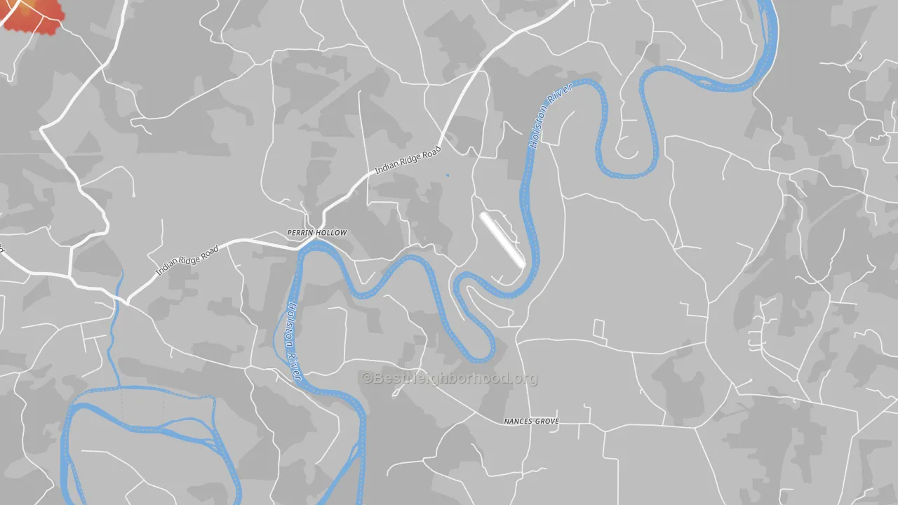 Walk Grade map of Perrin Hollow, TN, walkable areas in green and car-dependent areas in red