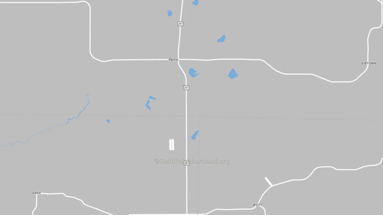 Walk Grade map of Perrin, TX, walkable areas in green and car-dependent areas in red