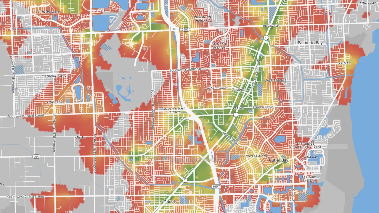 Walk Grade map of Perrine, FL, walkable areas in green and car-dependent areas in red