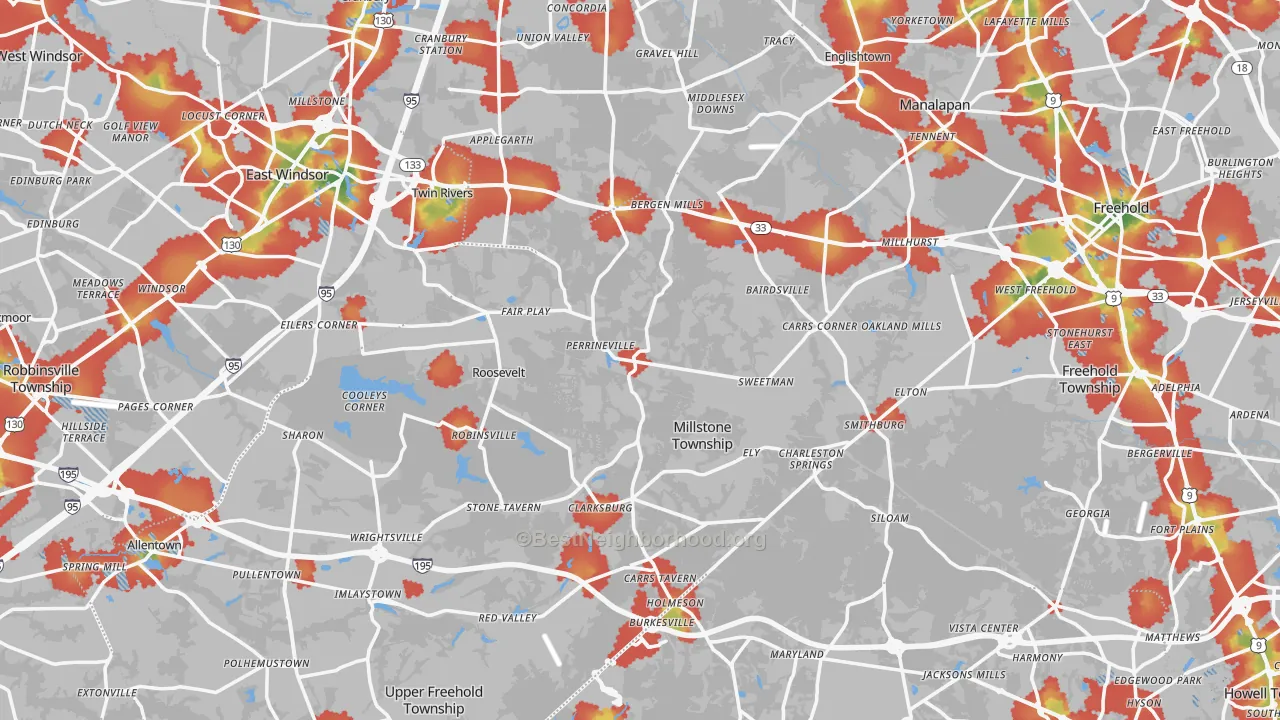 Walk Grade map of Perrineville, NJ, walkable areas in green and car-dependent areas in red