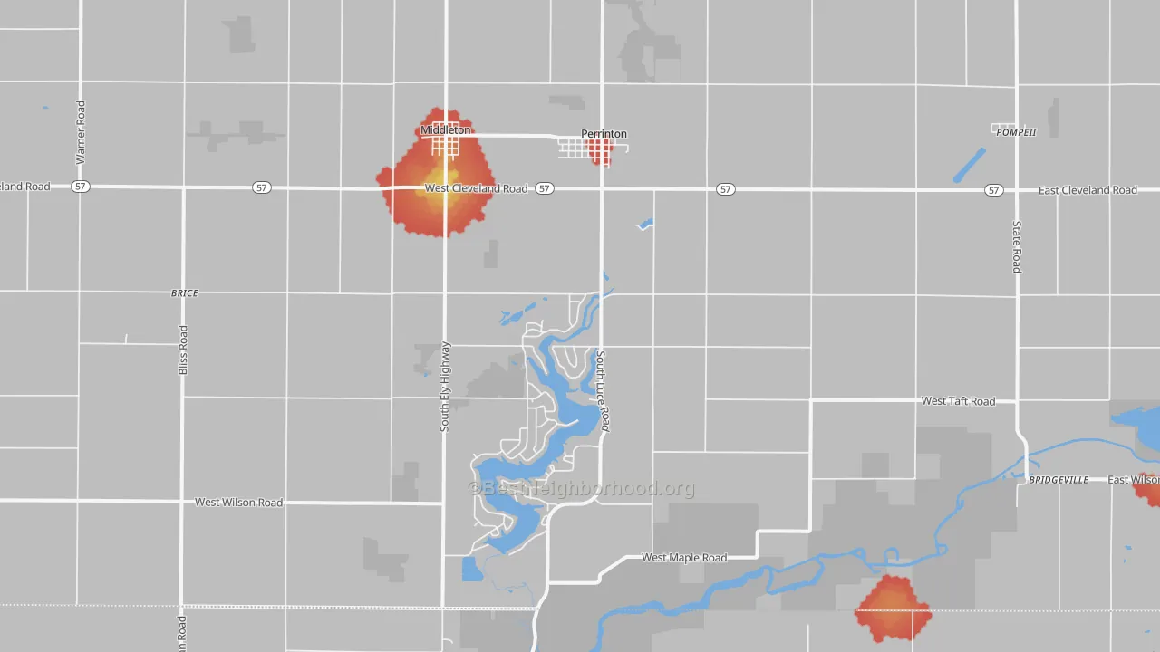 Walk Grade map of Perrinton, MI, walkable areas in green and car-dependent areas in red