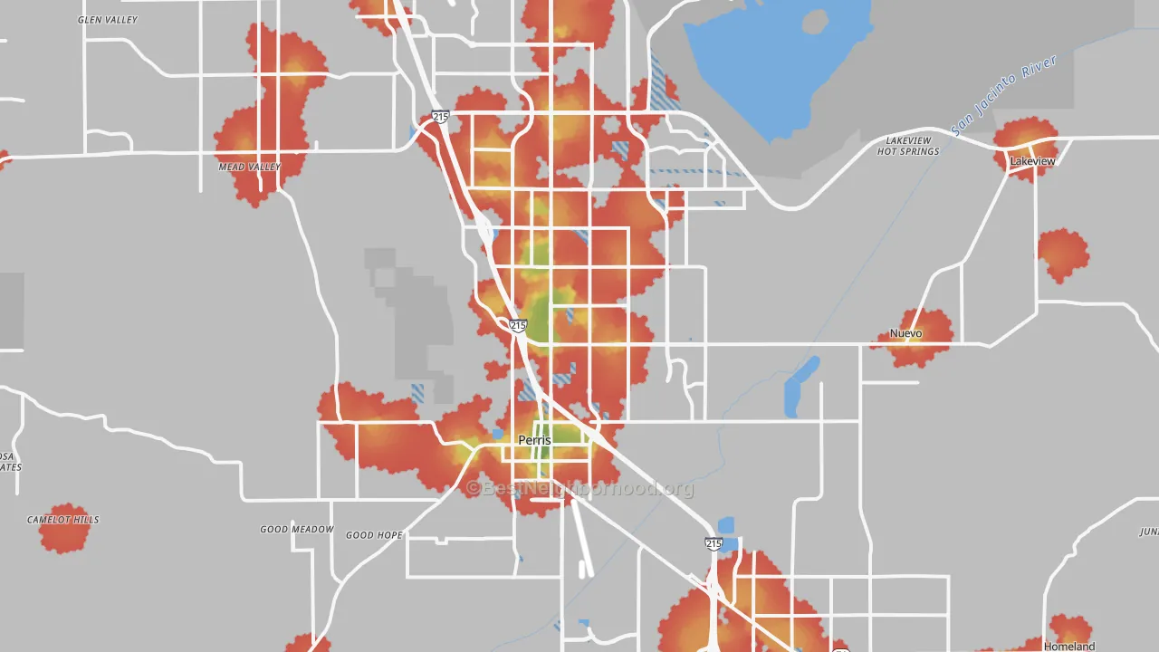 Walk Grade map of Perris, CA, walkable areas in green and car-dependent areas in red