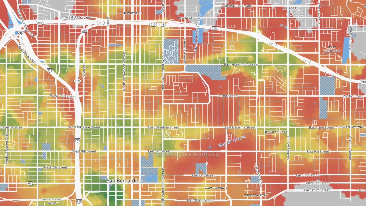 Walk Grade map of Perris Hills, San Bernardino, CA, walkable areas in green and car-dependent areas in red