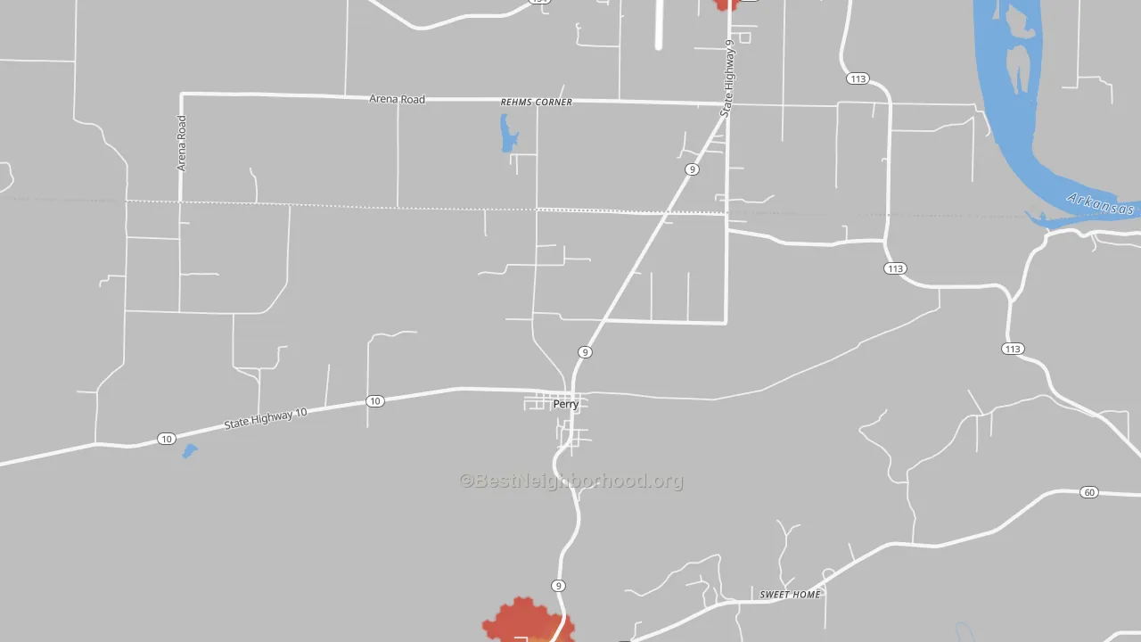 Walk Grade map of Perry, AR, walkable areas in green and car-dependent areas in red